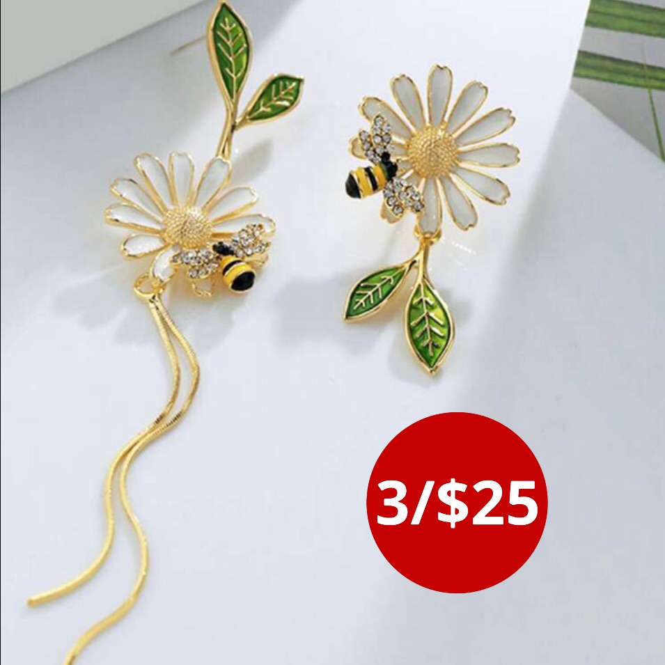 Mismatched Bees Flowers And Metal Tassels Stud Earrings Brand New